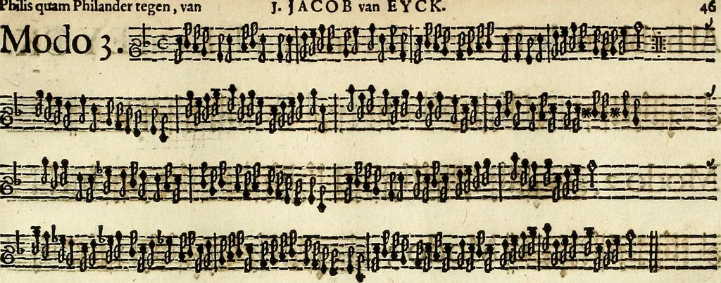 An illustration from [A composite music volume : containing Der Fluyten Lust-Hof, vol Psalmen, Paduanen, Allemanden, Couranten, Balletten, Airs, &c. konstigh en lieflik gefigureert, met veel veranderingen and 'T uitnemed kabinet, vol Pavanen, Almanden, Sarbanden, Couranten, Balletten, Intraden, Airs, &c. en de nieuwste voizen, om met 2 en 3 fioolen, of ander speel-tuigh te gebruiken], 1649, leaf 110