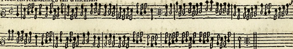 An illustration from [A composite music volume : containing Der Fluyten Lust-Hof, vol Psalmen, Paduanen, Allemanden, Couranten, Balletten, Airs, &c. konstigh en lieflik gefigureert, met veel veranderingen and 'T uitnemed kabinet, vol Pavanen, Almanden, Sarbanden, Couranten, Balletten, Intraden, Airs, &c. en de nieuwste voizen, om met 2 en 3 fioolen, of ander speel-tuigh te gebruiken], 1649, leaf 116