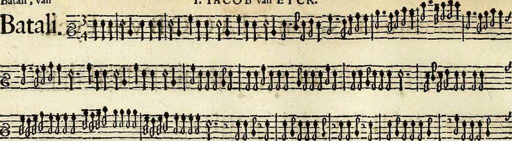 An illustration from [A composite music volume : containing Der Fluyten Lust-Hof, vol Psalmen, Paduanen, Allemanden, Couranten, Balletten, Airs, &c. konstigh en lieflik gefigureert, met veel veranderingen and 'T uitnemed kabinet, vol Pavanen, Almanden, Sarbanden, Couranten, Balletten, Intraden, Airs, &c. en de nieuwste voizen, om met 2 en 3 fioolen, of ander speel-tuigh te gebruiken], 1649, leaf 119