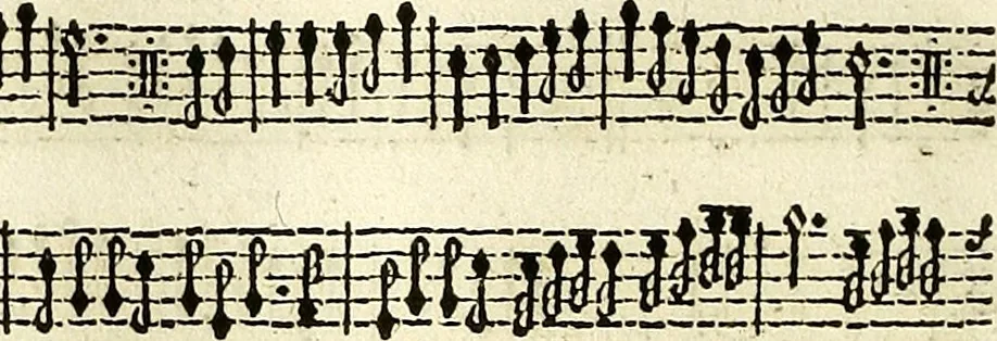 An illustration from [A composite music volume : containing Der Fluyten Lust-Hof, vol Psalmen, Paduanen, Allemanden, Couranten, Balletten, Airs, &c. konstigh en lieflik gefigureert, met veel veranderingen and 'T uitnemed kabinet, vol Pavanen, Almanden, Sarbanden, Couranten, Balletten, Intraden, Airs, &c. en de nieuwste voizen, om met 2 en 3 fioolen, of ander speel-tuigh te gebruiken], 1649, leaf 121