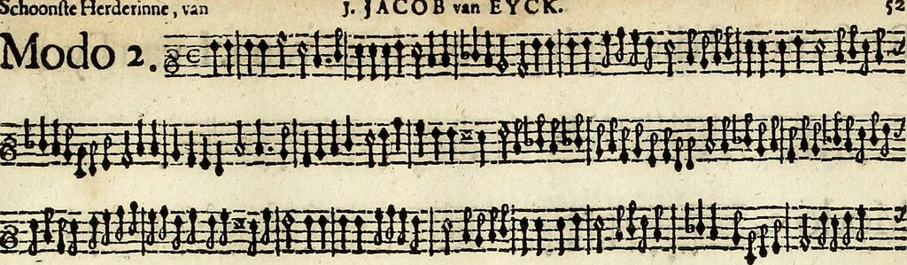 An illustration from [A composite music volume : containing Der Fluyten Lust-Hof, vol Psalmen, Paduanen, Allemanden, Couranten, Balletten, Airs, &c. konstigh en lieflik gefigureert, met veel veranderingen and 'T uitnemed kabinet, vol Pavanen, Almanden, Sarbanden, Couranten, Balletten, Intraden, Airs, &c. en de nieuwste voizen, om met 2 en 3 fioolen, of ander speel-tuigh te gebruiken], 1649, leaf 122
