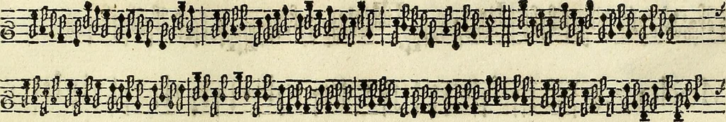 An illustration from [A composite music volume : containing Der Fluyten Lust-Hof, vol Psalmen, Paduanen, Allemanden, Couranten, Balletten, Airs, &c. konstigh en lieflik gefigureert, met veel veranderingen and 'T uitnemed kabinet, vol Pavanen, Almanden, Sarbanden, Couranten, Balletten, Intraden, Airs, &c. en de nieuwste voizen, om met 2 en 3 fioolen, of ander speel-tuigh te gebruiken], 1649, leaf 130