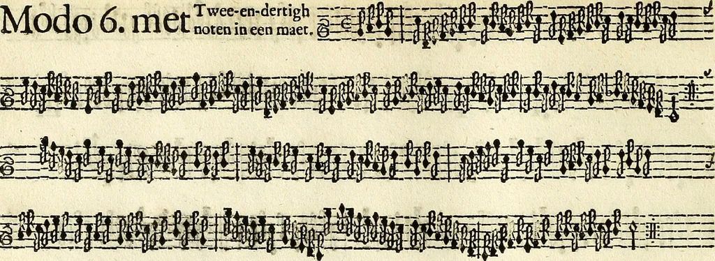 An illustration from [A composite music volume : containing Der Fluyten Lust-Hof, vol Psalmen, Paduanen, Allemanden, Couranten, Balletten, Airs, &c. konstigh en lieflik gefigureert, met veel veranderingen and 'T uitnemed kabinet, vol Pavanen, Almanden, Sarbanden, Couranten, Balletten, Intraden, Airs, &c. en de nieuwste voizen, om met 2 en 3 fioolen, of ander speel-tuigh te gebruiken], 1649, leaf 131