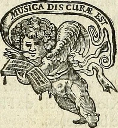 An illustration from [A composite music volume : containing Der Fluyten Lust-Hof, vol Psalmen, Paduanen, Allemanden, Couranten, Balletten, Airs, &c. konstigh en lieflik gefigureert, met veel veranderingen and 'T uitnemed kabinet, vol Pavanen, Almanden, Sarbanden, Couranten, Balletten, Intraden, Airs, &c. en de nieuwste voizen, om met 2 en 3 fioolen, of ander speel-tuigh te gebruiken], 1649, leaf 14