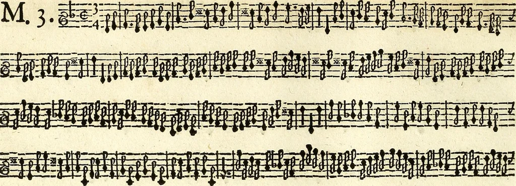 An illustration from [A composite music volume : containing Der Fluyten Lust-Hof, vol Psalmen, Paduanen, Allemanden, Couranten, Balletten, Airs, &c. konstigh en lieflik gefigureert, met veel veranderingen and 'T uitnemed kabinet, vol Pavanen, Almanden, Sarbanden, Couranten, Balletten, Intraden, Airs, &c. en de nieuwste voizen, om met 2 en 3 fioolen, of ander speel-tuigh te gebruiken], 1649, leaf 153