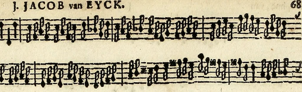 An illustration from [A composite music volume : containing Der Fluyten Lust-Hof, vol Psalmen, Paduanen, Allemanden, Couranten, Balletten, Airs, &c. konstigh en lieflik gefigureert, met veel veranderingen and 'T uitnemed kabinet, vol Pavanen, Almanden, Sarbanden, Couranten, Balletten, Intraden, Airs, &c. en de nieuwste voizen, om met 2 en 3 fioolen, of ander speel-tuigh te gebruiken], 1649, leaf 154