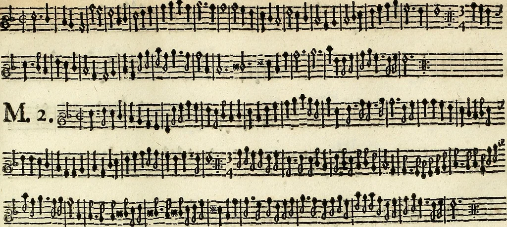 An illustration from [A composite music volume : containing Der Fluyten Lust-Hof, vol Psalmen, Paduanen, Allemanden, Couranten, Balletten, Airs, &c. konstigh en lieflik gefigureert, met veel veranderingen and 'T uitnemed kabinet, vol Pavanen, Almanden, Sarbanden, Couranten, Balletten, Intraden, Airs, &c. en de nieuwste voizen, om met 2 en 3 fioolen, of ander speel-tuigh te gebruiken], 1649, leaf 158
