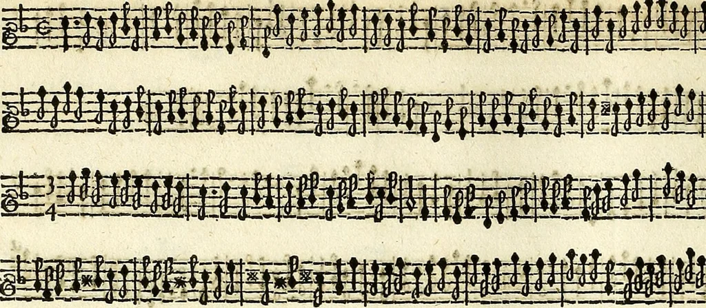 An illustration from [A composite music volume : containing Der Fluyten Lust-Hof, vol Psalmen, Paduanen, Allemanden, Couranten, Balletten, Airs, &c. konstigh en lieflik gefigureert, met veel veranderingen and 'T uitnemed kabinet, vol Pavanen, Almanden, Sarbanden, Couranten, Balletten, Intraden, Airs, &c. en de nieuwste voizen, om met 2 en 3 fioolen, of ander speel-tuigh te gebruiken], 1649, leaf 159