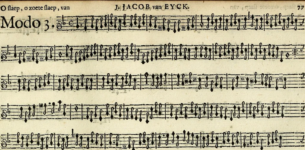 An illustration from [A composite music volume : containing Der Fluyten Lust-Hof, vol Psalmen, Paduanen, Allemanden, Couranten, Balletten, Airs, &c. konstigh en lieflik gefigureert, met veel veranderingen and 'T uitnemed kabinet, vol Pavanen, Almanden, Sarbanden, Couranten, Balletten, Intraden, Airs, &c. en de nieuwste voizen, om met 2 en 3 fioolen, of ander speel-tuigh te gebruiken], 1649, leaf 172