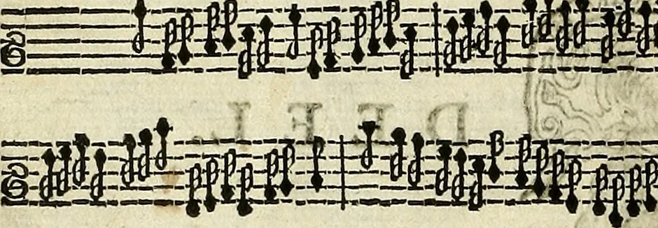 An illustration from [A composite music volume : containing Der Fluyten Lust-Hof, vol Psalmen, Paduanen, Allemanden, Couranten, Balletten, Airs, &c. konstigh en lieflik gefigureert, met veel veranderingen and 'T uitnemed kabinet, vol Pavanen, Almanden, Sarbanden, Couranten, Balletten, Intraden, Airs, &c. en de nieuwste voizen, om met 2 en 3 fioolen, of ander speel-tuigh te gebruiken], 1649, leaf 19