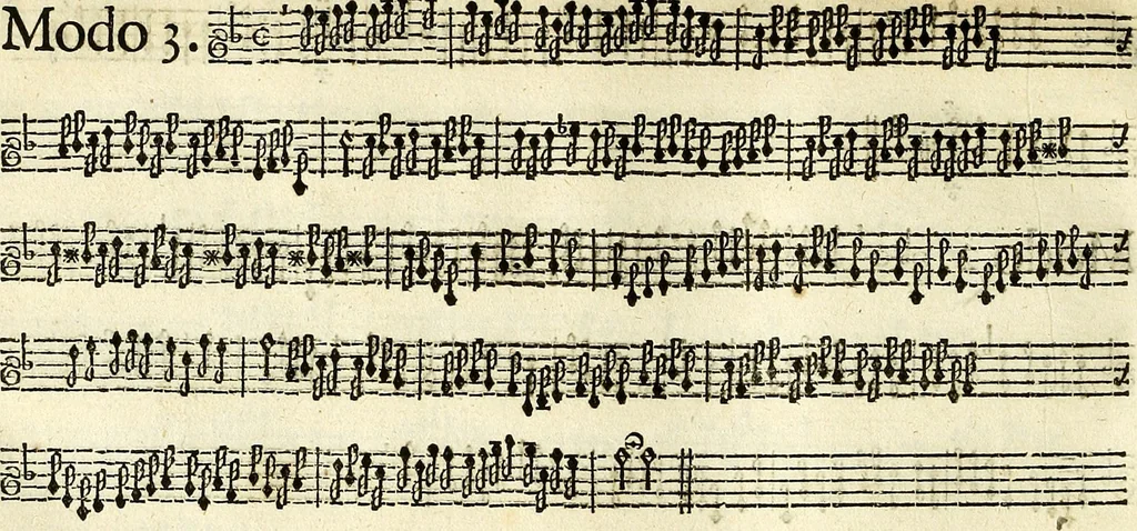 An illustration from [A composite music volume : containing Der Fluyten Lust-Hof, vol Psalmen, Paduanen, Allemanden, Couranten, Balletten, Airs, &c. konstigh en lieflik gefigureert, met veel veranderingen and 'T uitnemed kabinet, vol Pavanen, Almanden, Sarbanden, Couranten, Balletten, Intraden, Airs, &c. en de nieuwste voizen, om met 2 en 3 fioolen, of ander speel-tuigh te gebruiken], 1649, leaf 195