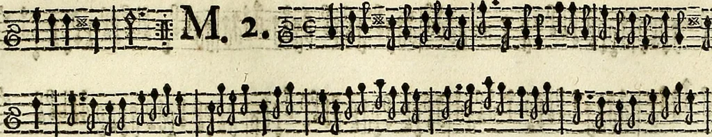 An illustration from [A composite music volume : containing Der Fluyten Lust-Hof, vol Psalmen, Paduanen, Allemanden, Couranten, Balletten, Airs, &c. konstigh en lieflik gefigureert, met veel veranderingen and 'T uitnemed kabinet, vol Pavanen, Almanden, Sarbanden, Couranten, Balletten, Intraden, Airs, &c. en de nieuwste voizen, om met 2 en 3 fioolen, of ander speel-tuigh te gebruiken], 1649, leaf 196
