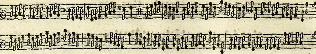 An illustration from [A composite music volume : containing Der Fluyten Lust-Hof, vol Psalmen, Paduanen, Allemanden, Couranten, Balletten, Airs, &c. konstigh en lieflik gefigureert, met veel veranderingen and 'T uitnemed kabinet, vol Pavanen, Almanden, Sarbanden, Couranten, Balletten, Intraden, Airs, &c. en de nieuwste voizen, om met 2 en 3 fioolen, of ander speel-tuigh te gebruiken], 1649, leaf 197