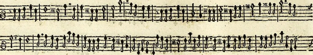 An illustration from [A composite music volume : containing Der Fluyten Lust-Hof, vol Psalmen, Paduanen, Allemanden, Couranten, Balletten, Airs, &c. konstigh en lieflik gefigureert, met veel veranderingen and 'T uitnemed kabinet, vol Pavanen, Almanden, Sarbanden, Couranten, Balletten, Intraden, Airs, &c. en de nieuwste voizen, om met 2 en 3 fioolen, of ander speel-tuigh te gebruiken], 1649, leaf 207