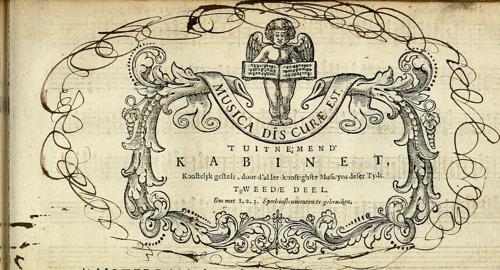An illustration from [A composite music volume : containing Der Fluyten Lust-Hof, vol Psalmen, Paduanen, Allemanden, Couranten, Balletten, Airs, &c. konstigh en lieflik gefigureert, met veel veranderingen and 'T uitnemed kabinet, vol Pavanen, Almanden, Sarbanden, Couranten, Balletten, Intraden, Airs, &c. en de nieuwste voizen, om met 2 en 3 fioolen, of ander speel-tuigh te gebruiken], 1649, leaf 230