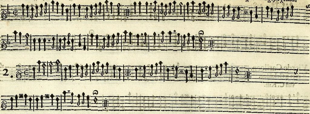 An illustration from [A composite music volume : containing Der Fluyten Lust-Hof, vol Psalmen, Paduanen, Allemanden, Couranten, Balletten, Airs, &c. konstigh en lieflik gefigureert, met veel veranderingen and 'T uitnemed kabinet, vol Pavanen, Almanden, Sarbanden, Couranten, Balletten, Intraden, Airs, &c. en de nieuwste voizen, om met 2 en 3 fioolen, of ander speel-tuigh te gebruiken], 1649, leaf 267