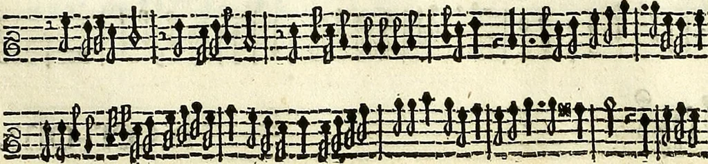An illustration from [A composite music volume : containing Der Fluyten Lust-Hof, vol Psalmen, Paduanen, Allemanden, Couranten, Balletten, Airs, &c. konstigh en lieflik gefigureert, met veel veranderingen and 'T uitnemed kabinet, vol Pavanen, Almanden, Sarbanden, Couranten, Balletten, Intraden, Airs, &c. en de nieuwste voizen, om met 2 en 3 fioolen, of ander speel-tuigh te gebruiken], 1649, leaf 277