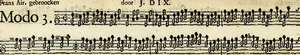 An illustration from [A composite music volume : containing Der Fluyten Lust-Hof, vol Psalmen, Paduanen, Allemanden, Couranten, Balletten, Airs, &c. konstigh en lieflik gefigureert, met veel veranderingen and 'T uitnemed kabinet, vol Pavanen, Almanden, Sarbanden, Couranten, Balletten, Intraden, Airs, &c. en de nieuwste voizen, om met 2 en 3 fioolen, of ander speel-tuigh te gebruiken], 1649, leaf 305