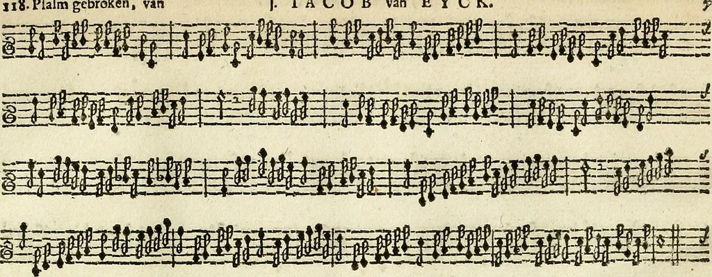 An illustration from [A composite music volume : containing Der Fluyten Lust-Hof, vol Psalmen, Paduanen, Allemanden, Couranten, Balletten, Airs, &c. konstigh en lieflik gefigureert, met veel veranderingen and 'T uitnemed kabinet, vol Pavanen, Almanden, Sarbanden, Couranten, Balletten, Intraden, Airs, &c. en de nieuwste voizen, om met 2 en 3 fioolen, of ander speel-tuigh te gebruiken], 1649, leaf 32