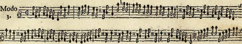 An illustration from [A composite music volume : containing Der Fluyten Lust-Hof, vol Psalmen, Paduanen, Allemanden, Couranten, Balletten, Airs, &c. konstigh en lieflik gefigureert, met veel veranderingen and 'T uitnemed kabinet, vol Pavanen, Almanden, Sarbanden, Couranten, Balletten, Intraden, Airs, &c. en de nieuwste voizen, om met 2 en 3 fioolen, of ander speel-tuigh te gebruiken], 1649, leaf 36