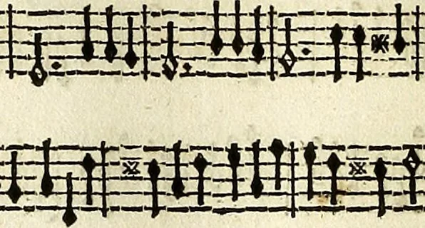 An illustration from [A composite music volume : containing Der Fluyten Lust-Hof, vol Psalmen, Paduanen, Allemanden, Couranten, Balletten, Airs, &c. konstigh en lieflik gefigureert, met veel veranderingen and 'T uitnemed kabinet, vol Pavanen, Almanden, Sarbanden, Couranten, Balletten, Intraden, Airs, &c. en de nieuwste voizen, om met 2 en 3 fioolen, of ander speel-tuigh te gebruiken], 1649, leaf 45