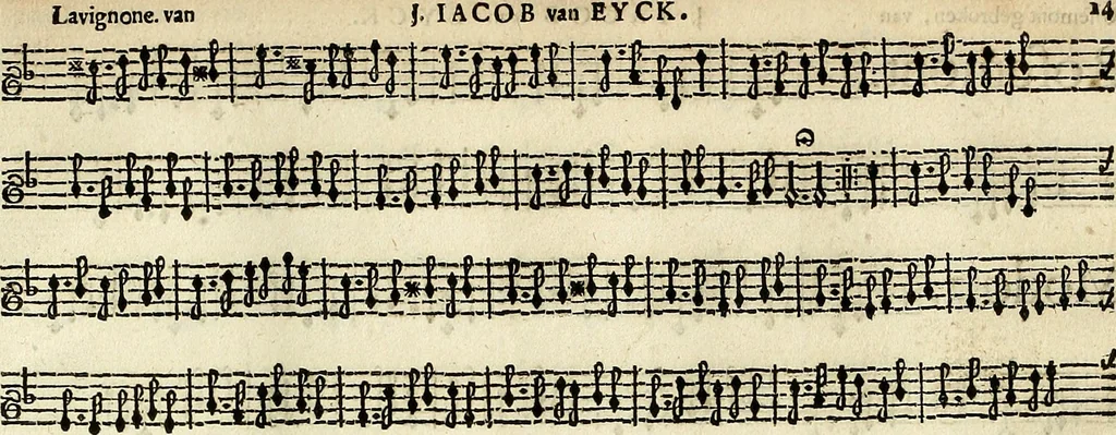 An illustration from [A composite music volume : containing Der Fluyten Lust-Hof, vol Psalmen, Paduanen, Allemanden, Couranten, Balletten, Airs, &c. konstigh en lieflik gefigureert, met veel veranderingen and 'T uitnemed kabinet, vol Pavanen, Almanden, Sarbanden, Couranten, Balletten, Intraden, Airs, &c. en de nieuwste voizen, om met 2 en 3 fioolen, of ander speel-tuigh te gebruiken], 1649, leaf 46