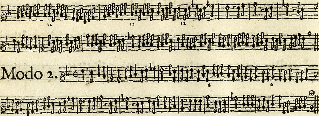 An illustration from [A composite music volume : containing Der Fluyten Lust-Hof, vol Psalmen, Paduanen, Allemanden, Couranten, Balletten, Airs, &c. konstigh en lieflik gefigureert, met veel veranderingen and 'T uitnemed kabinet, vol Pavanen, Almanden, Sarbanden, Couranten, Balletten, Intraden, Airs, &c. en de nieuwste voizen, om met 2 en 3 fioolen, of ander speel-tuigh te gebruiken], 1649, leaf 53