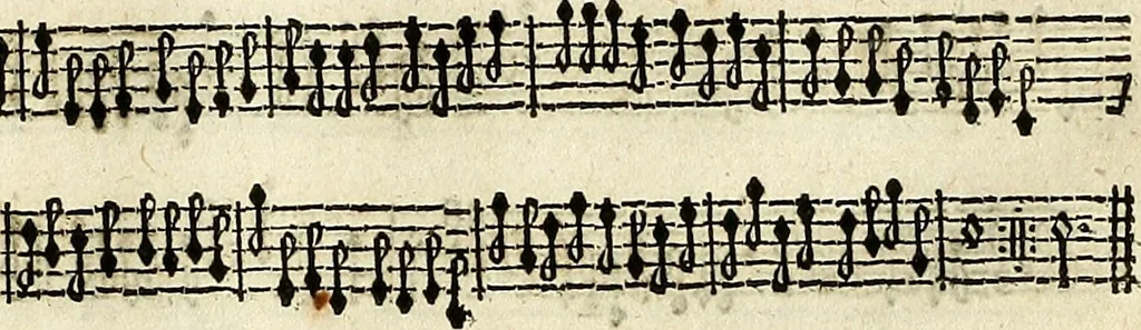 An illustration from [A composite music volume : containing Der Fluyten Lust-Hof, vol Psalmen, Paduanen, Allemanden, Couranten, Balletten, Airs, &c. konstigh en lieflik gefigureert, met veel veranderingen and 'T uitnemed kabinet, vol Pavanen, Almanden, Sarbanden, Couranten, Balletten, Intraden, Airs, &c. en de nieuwste voizen, om met 2 en 3 fioolen, of ander speel-tuigh te gebruiken], 1649, leaf 60