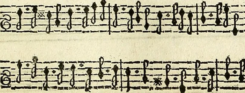 An illustration from [A composite music volume : containing Der Fluyten Lust-Hof, vol Psalmen, Paduanen, Allemanden, Couranten, Balletten, Airs, &c. konstigh en lieflik gefigureert, met veel veranderingen and 'T uitnemed kabinet, vol Pavanen, Almanden, Sarbanden, Couranten, Balletten, Intraden, Airs, &c. en de nieuwste voizen, om met 2 en 3 fioolen, of ander speel-tuigh te gebruiken], 1649, leaf 76