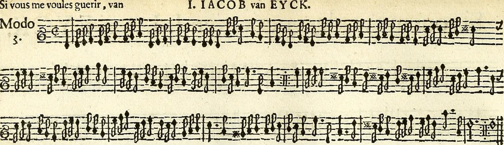 An illustration from [A composite music volume : containing Der Fluyten Lust-Hof, vol Psalmen, Paduanen, Allemanden, Couranten, Balletten, Airs, &c. konstigh en lieflik gefigureert, met veel veranderingen and 'T uitnemed kabinet, vol Pavanen, Almanden, Sarbanden, Couranten, Balletten, Intraden, Airs, &c. en de nieuwste voizen, om met 2 en 3 fioolen, of ander speel-tuigh te gebruiken], 1649, leaf 77