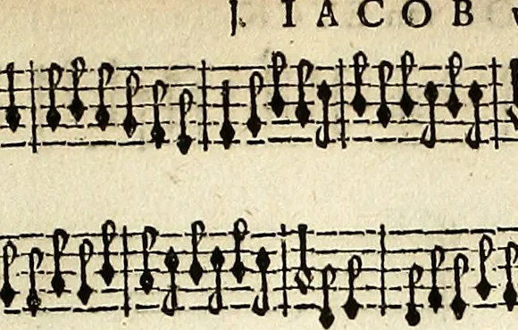 An illustration from [A composite music volume : containing Der Fluyten Lust-Hof, vol Psalmen, Paduanen, Allemanden, Couranten, Balletten, Airs, &c. konstigh en lieflik gefigureert, met veel veranderingen and 'T uitnemed kabinet, vol Pavanen, Almanden, Sarbanden, Couranten, Balletten, Intraden, Airs, &c. en de nieuwste voizen, om met 2 en 3 fioolen, of ander speel-tuigh te gebruiken], 1649, leaf 78