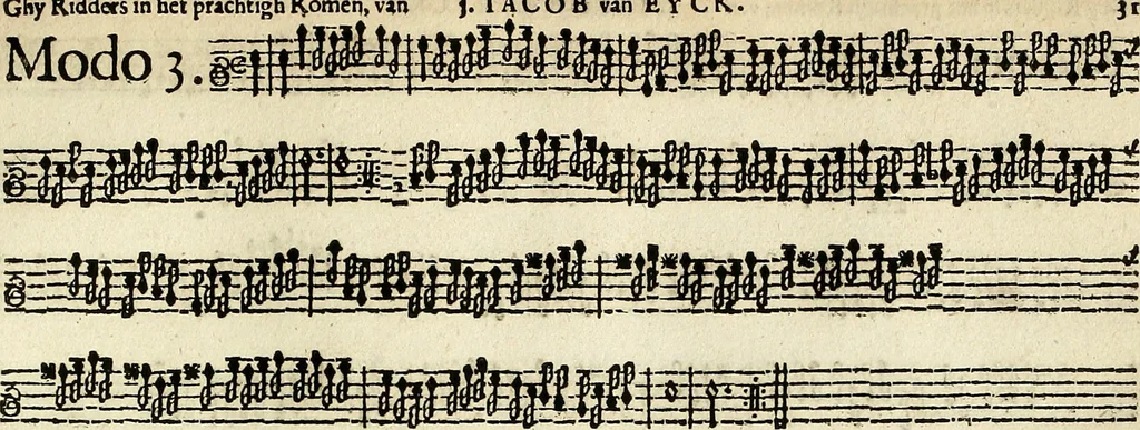 An illustration from [A composite music volume : containing Der Fluyten Lust-Hof, vol Psalmen, Paduanen, Allemanden, Couranten, Balletten, Airs, &c. konstigh en lieflik gefigureert, met veel veranderingen and 'T uitnemed kabinet, vol Pavanen, Almanden, Sarbanden, Couranten, Balletten, Intraden, Airs, &c. en de nieuwste voizen, om met 2 en 3 fioolen, of ander speel-tuigh te gebruiken], 1649, leaf 80