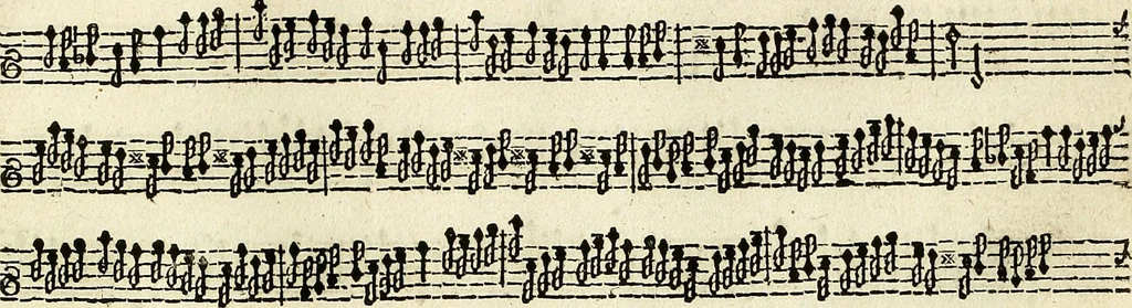 An illustration from [A composite music volume : containing Der Fluyten Lust-Hof, vol Psalmen, Paduanen, Allemanden, Couranten, Balletten, Airs, &c. konstigh en lieflik gefigureert, met veel veranderingen and 'T uitnemed kabinet, vol Pavanen, Almanden, Sarbanden, Couranten, Balletten, Intraden, Airs, &c. en de nieuwste voizen, om met 2 en 3 fioolen, of ander speel-tuigh te gebruiken], 1649, leaf 84