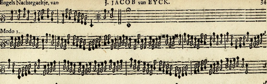 An illustration from [A composite music volume : containing Der Fluyten Lust-Hof, vol Psalmen, Paduanen, Allemanden, Couranten, Balletten, Airs, &c. konstigh en lieflik gefigureert, met veel veranderingen and 'T uitnemed kabinet, vol Pavanen, Almanden, Sarbanden, Couranten, Balletten, Intraden, Airs, &c. en de nieuwste voizen, om met 2 en 3 fioolen, of ander speel-tuigh te gebruiken], 1649, leaf 86