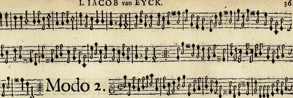 An illustration from [A composite music volume : containing Der Fluyten Lust-Hof, vol Psalmen, Paduanen, Allemanden, Couranten, Balletten, Airs, &c. konstigh en lieflik gefigureert, met veel veranderingen and 'T uitnemed kabinet, vol Pavanen, Almanden, Sarbanden, Couranten, Balletten, Intraden, Airs, &c. en de nieuwste voizen, om met 2 en 3 fioolen, of ander speel-tuigh te gebruiken], 1649, leaf 90