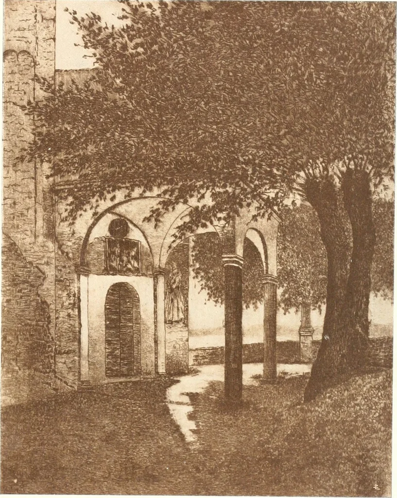 An illustration from Acquafortisti italiani; reccolta di acqueforti, acquetine, puntesecche, maniera nera, di 150 artisti. Acquafortistes italiens; recueil de eauxfortes, acqua-tintas, pointes-sèches, façon noire, de 150 artistes, 1922, leaf 134