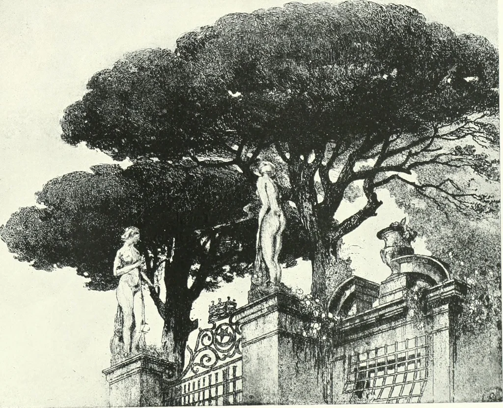 An illustration from Acquafortisti italiani; reccolta di acqueforti, acquetine, puntesecche, maniera nera, di 150 artisti. Acquafortistes italiens; recueil de eauxfortes, acqua-tintas, pointes-sèches, façon noire, de 150 artistes, 1922, leaf 150