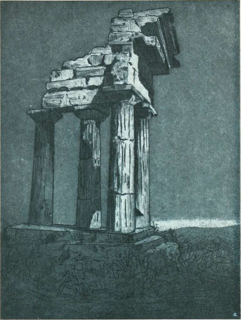 An illustration from Acquafortisti italiani; reccolta di acqueforti, acquetine, puntesecche, maniera nera, di 150 artisti. Acquafortistes italiens; recueil de eauxfortes, acqua-tintas, pointes-sèches, façon noire, de 150 artistes, 1922, leaf 154