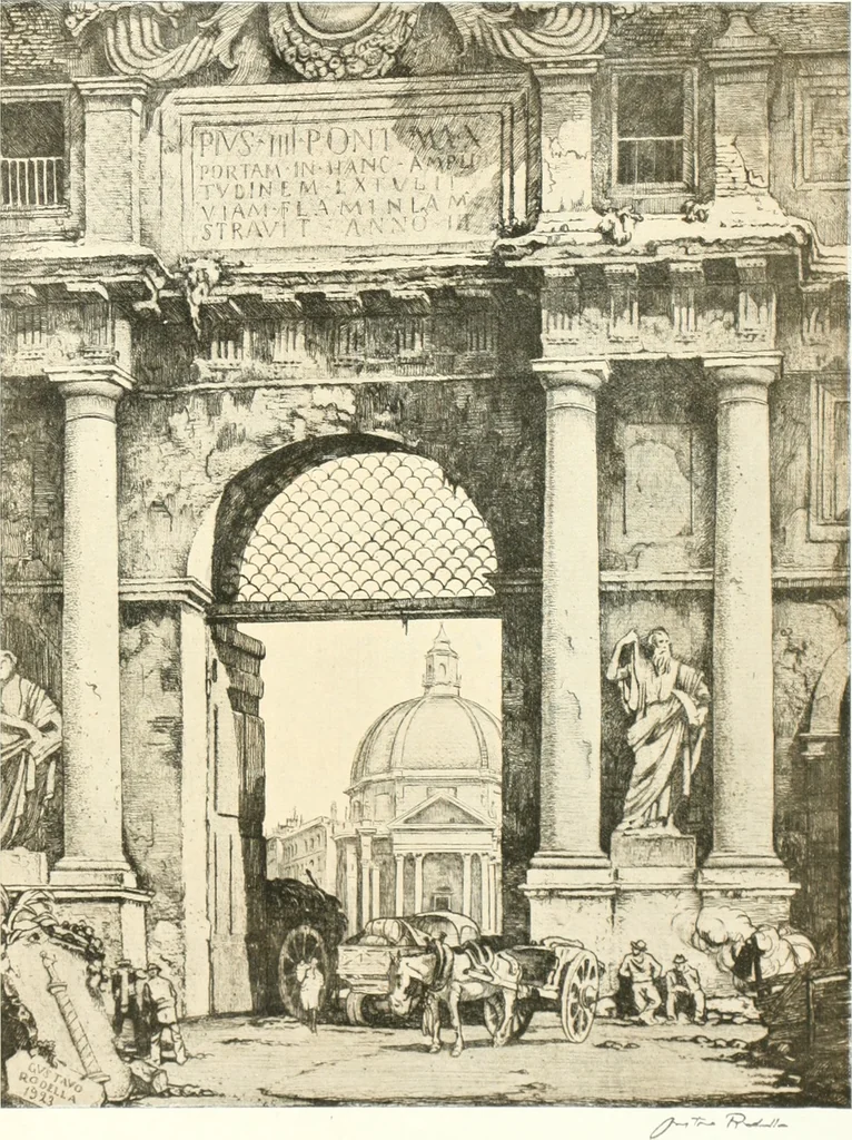 An illustration from Acquafortisti italiani; reccolta di acqueforti, acquetine, puntesecche, maniera nera, di 150 artisti. Acquafortistes italiens; recueil de eauxfortes, acqua-tintas, pointes-sèches, façon noire, de 150 artistes, 1922, leaf 162