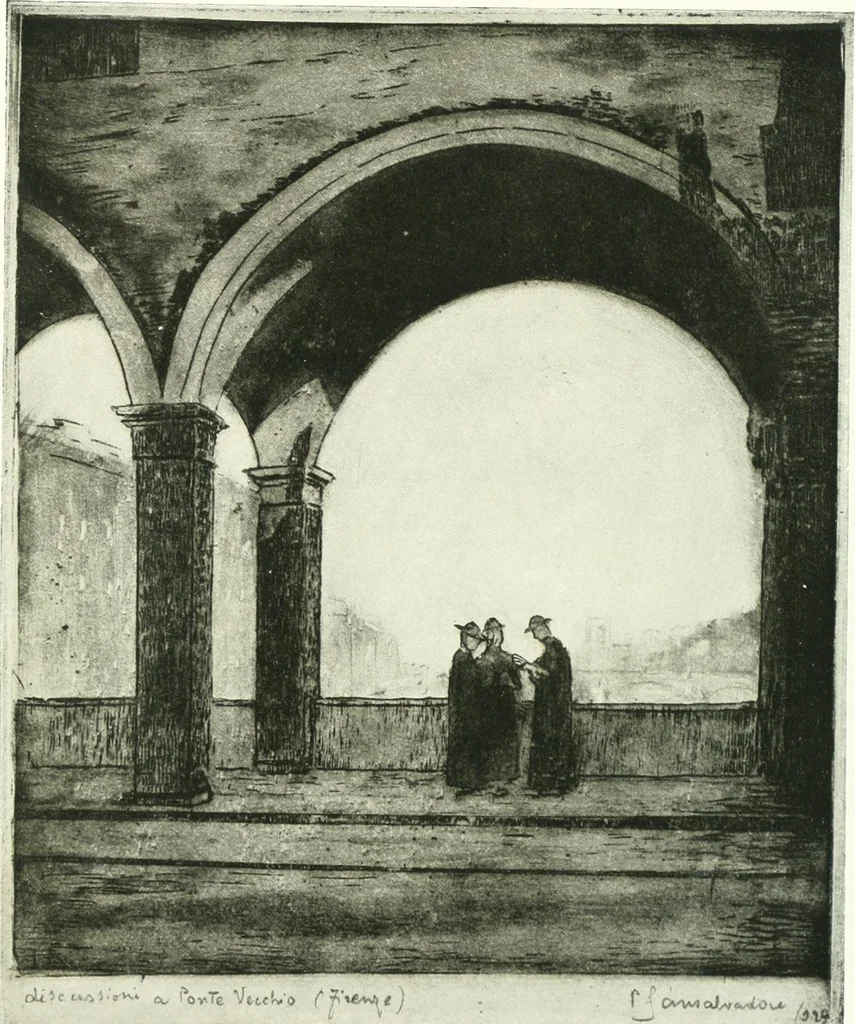 An illustration from Acquafortisti italiani; reccolta di acqueforti, acquetine, puntesecche, maniera nera, di 150 artisti. Acquafortistes italiens; recueil de eauxfortes, acqua-tintas, pointes-sèches, façon noire, de 150 artistes, 1922, leaf 192