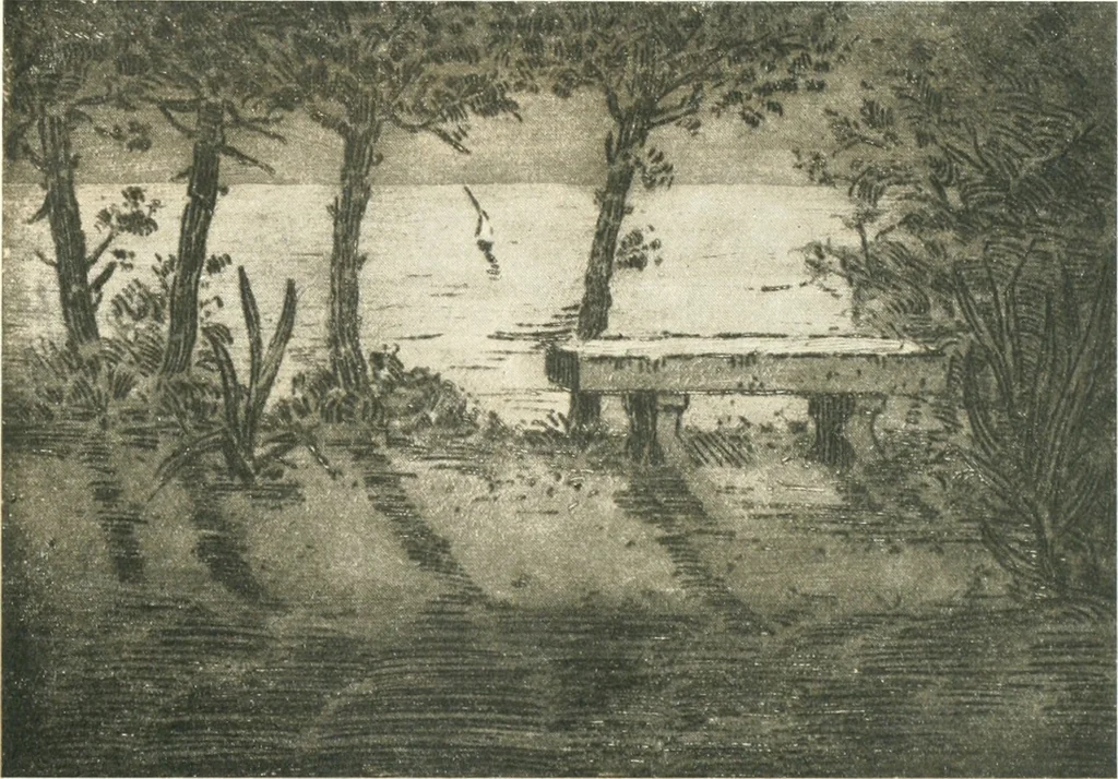 An illustration from Acquafortisti italiani; reccolta di acqueforti, acquetine, puntesecche, maniera nera, di 150 artisti. Acquafortistes italiens; recueil de eauxfortes, acqua-tintas, pointes-sèches, façon noire, de 150 artistes, 1922, leaf 206