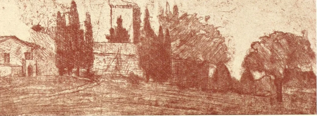 An illustration from Acquafortisti italiani; reccolta di acqueforti, acquetine, puntesecche, maniera nera, di 150 artisti. Acquafortistes italiens; recueil de eauxfortes, acqua-tintas, pointes-sèches, façon noire, de 150 artistes, 1922, leaf 242
