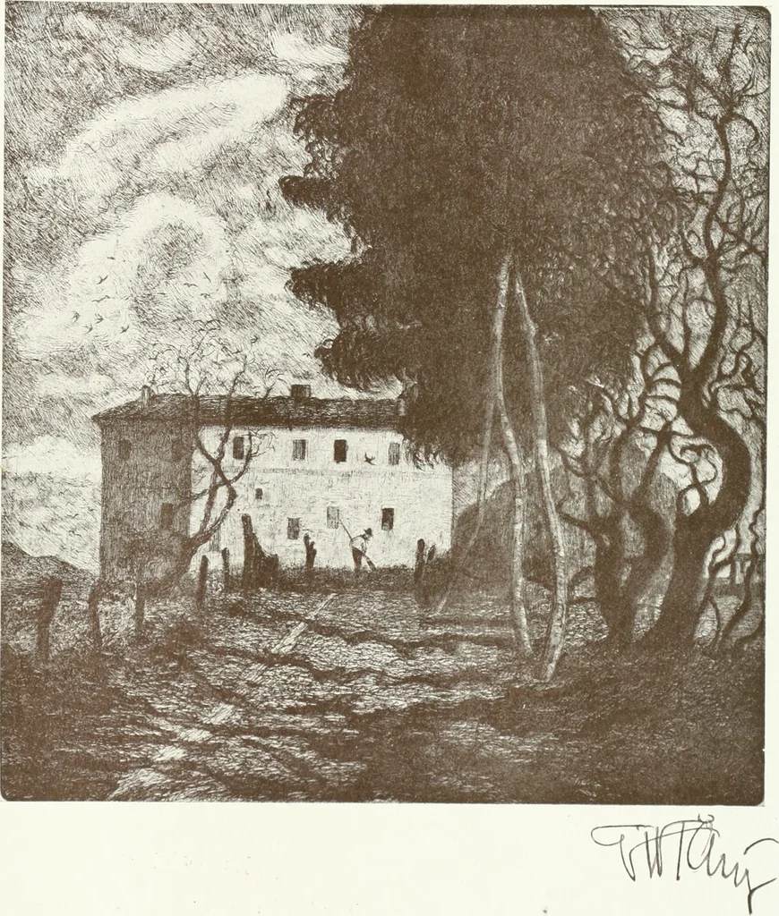 An illustration from Acquafortisti italiani; reccolta di acqueforti, acquetine, puntesecche, maniera nera, di 150 artisti. Acquafortistes italiens; recueil de eauxfortes, acqua-tintas, pointes-sèches, façon noire, de 150 artistes, 1922, leaf 278