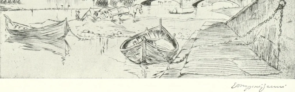 An illustration from Acquafortisti italiani; reccolta di acqueforti, acquetine, puntesecche, maniera nera, di 150 artisti. Acquafortistes italiens; recueil de eauxfortes, acqua-tintas, pointes-sèches, façon noire, de 150 artistes, 1922, leaf 28