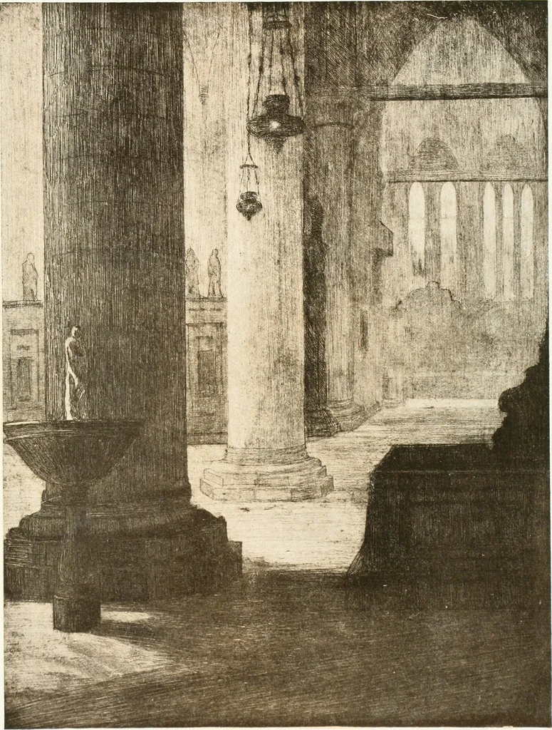 An illustration from Acquafortisti italiani; reccolta di acqueforti, acquetine, puntesecche, maniera nera, di 150 artisti. Acquafortistes italiens; recueil de eauxfortes, acqua-tintas, pointes-sèches, façon noire, de 150 artistes, 1922, leaf 288