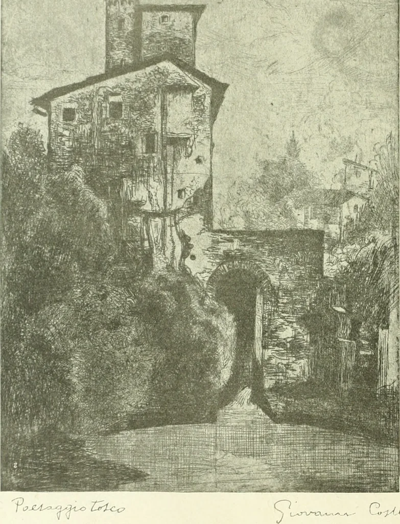 An illustration from Acquafortisti italiani; reccolta di acqueforti, acquetine, puntesecche, maniera nera, di 150 artisti. Acquafortistes italiens; recueil de eauxfortes, acqua-tintas, pointes-sèches, façon noire, de 150 artistes, 1922, leaf 303