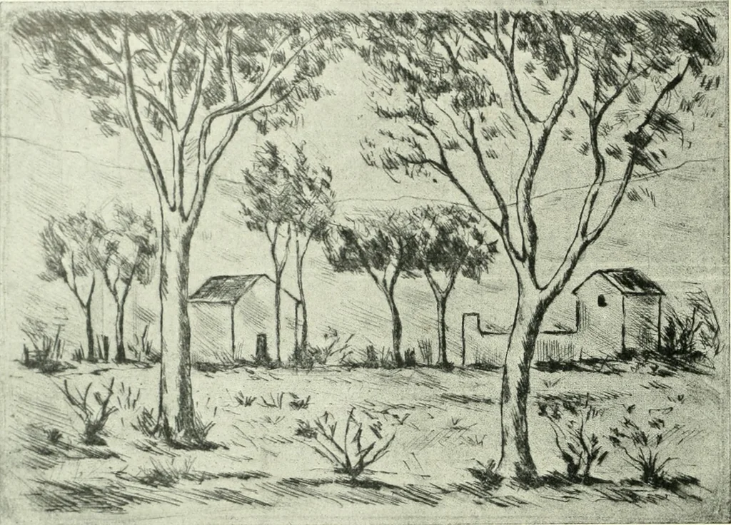 An illustration from Acquafortisti italiani; reccolta di acqueforti, acquetine, puntesecche, maniera nera, di 150 artisti. Acquafortistes italiens; recueil de eauxfortes, acqua-tintas, pointes-sèches, façon noire, de 150 artistes, 1922, leaf 309
