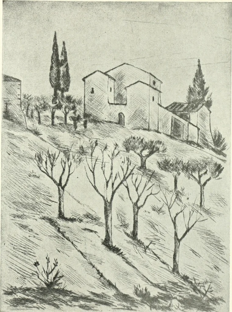 An illustration from Acquafortisti italiani; reccolta di acqueforti, acquetine, puntesecche, maniera nera, di 150 artisti. Acquafortistes italiens; recueil de eauxfortes, acqua-tintas, pointes-sèches, façon noire, de 150 artistes, 1922, leaf 310