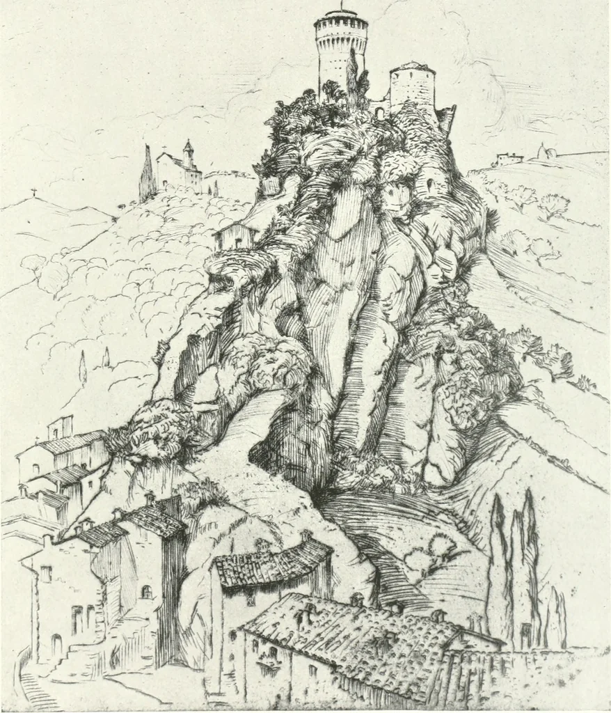 An illustration from Acquafortisti italiani; reccolta di acqueforti, acquetine, puntesecche, maniera nera, di 150 artisti. Acquafortistes italiens; recueil de eauxfortes, acqua-tintas, pointes-sèches, façon noire, de 150 artistes, 1922, leaf 32