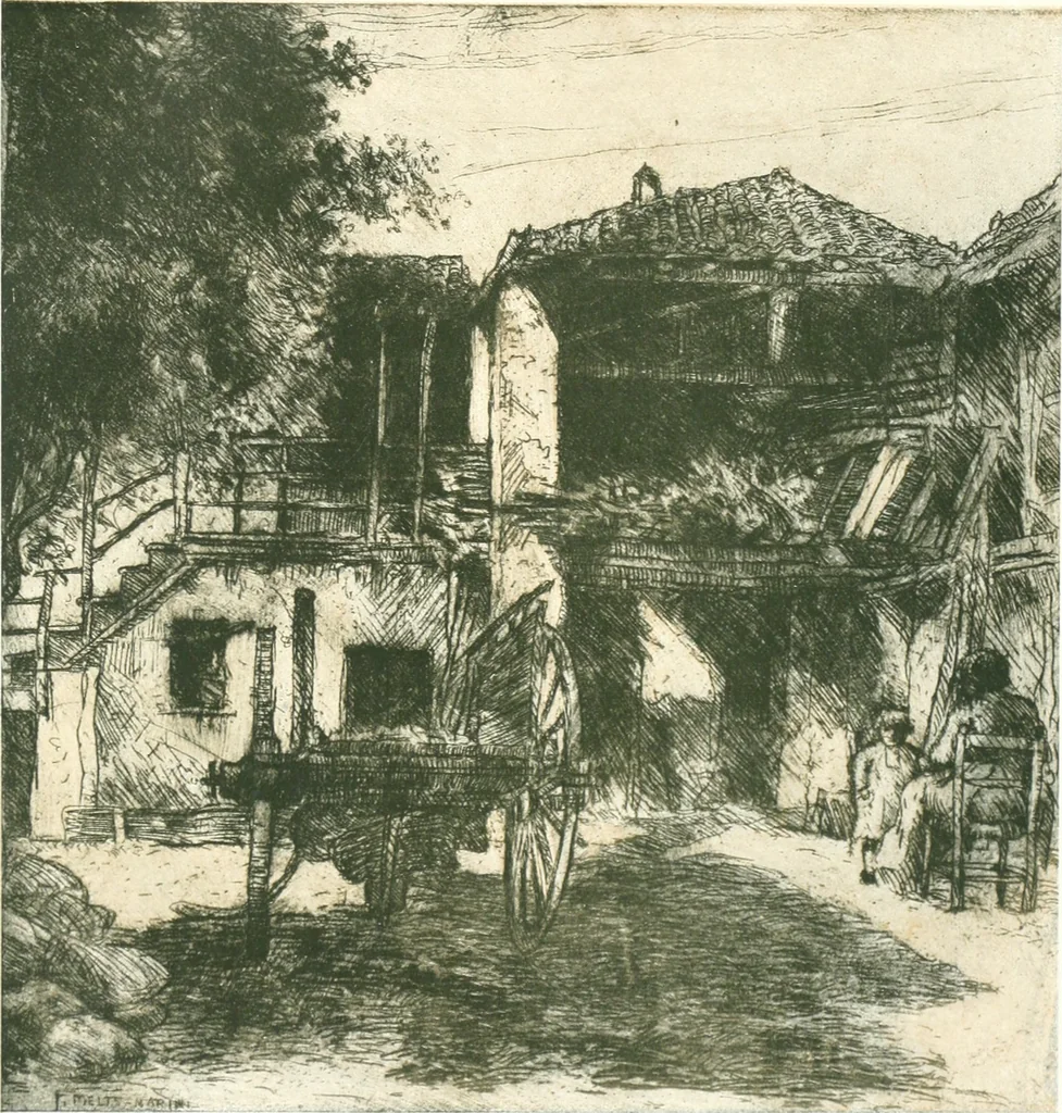An illustration from Acquafortisti italiani; reccolta di acqueforti, acquetine, puntesecche, maniera nera, di 150 artisti. Acquafortistes italiens; recueil de eauxfortes, acqua-tintas, pointes-sèches, façon noire, de 150 artistes, 1922, leaf 40